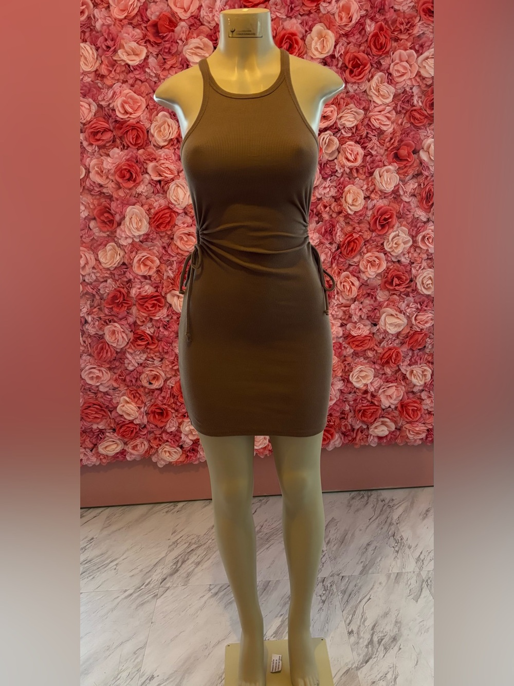 Bold Ribbed Brown Tank Dress With Side Ruching (S)